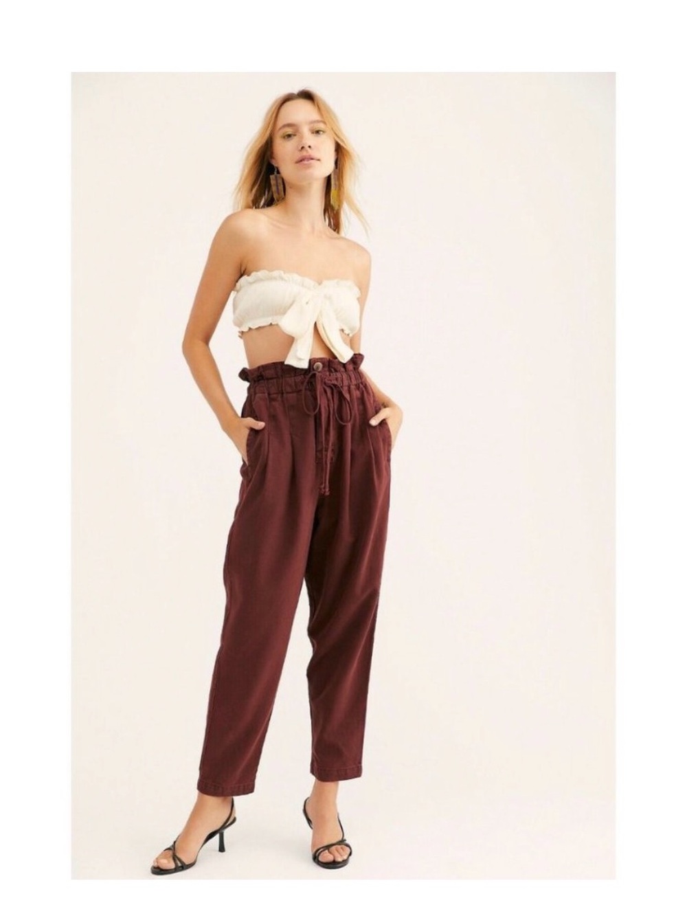 Free People Margate Paperbag Waist High-Rise Pants in Burgundy Size M